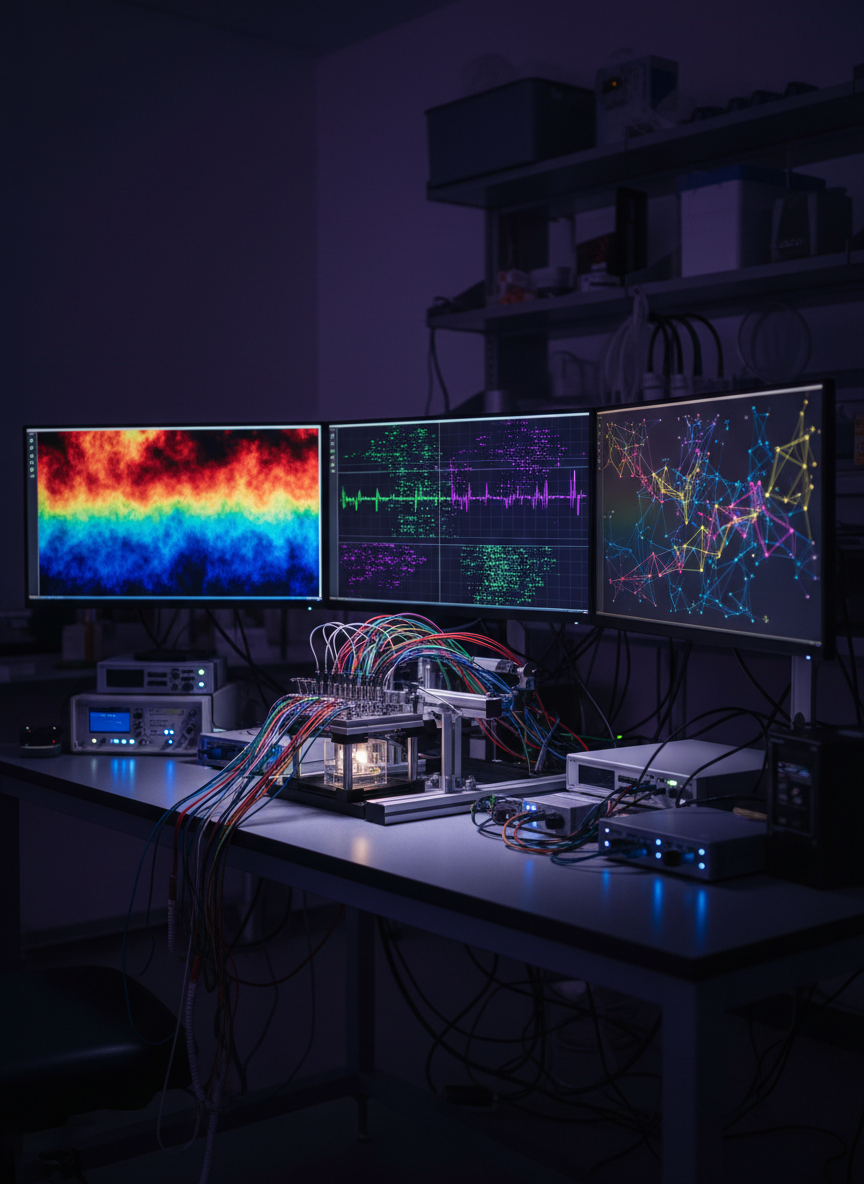 A wide, photographic shot of a high-end electrophysiology recording setup in a dimmed lab, focused on a multi-monitor station showing abstract brain activity heatmaps, raster plots, and network connectivity diagrams in vibrant colors with no readable text. In front of the screens, a precisely wired rig holds a small, transparent recording chamber on an anti-vibration table, with cables and microelectrodes leading into it in carefully organized bundles. Cool, low-key ambient lighting is punctuated by the glow of monitors and small instrument LEDs, casting soft reflections on nearby metal and glass. Captured from a three-quarter angle with moderate depth of field, the scene feels immersive, data-driven, and intensely analytical, emphasizing ongoing experiments in neural dynamics.
