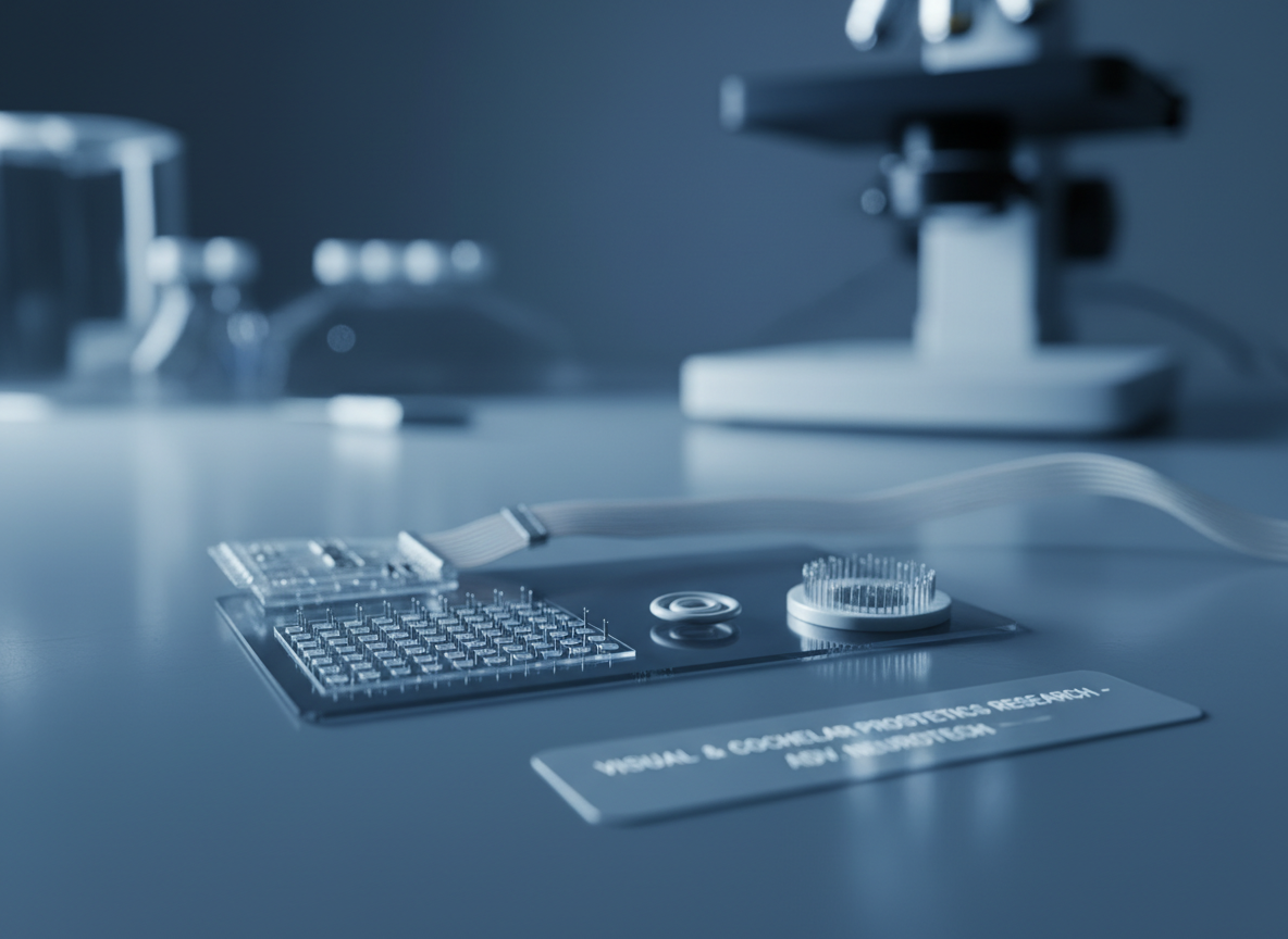 Professional scientific photograph of a neural implant and microelectrode array under laboratory lighting, close-up macro of fine electrode contacts on a silicon substrate, cool blue tones, clean clinical aesthetic, high detail, conveying visual and cochlear prosthetics research