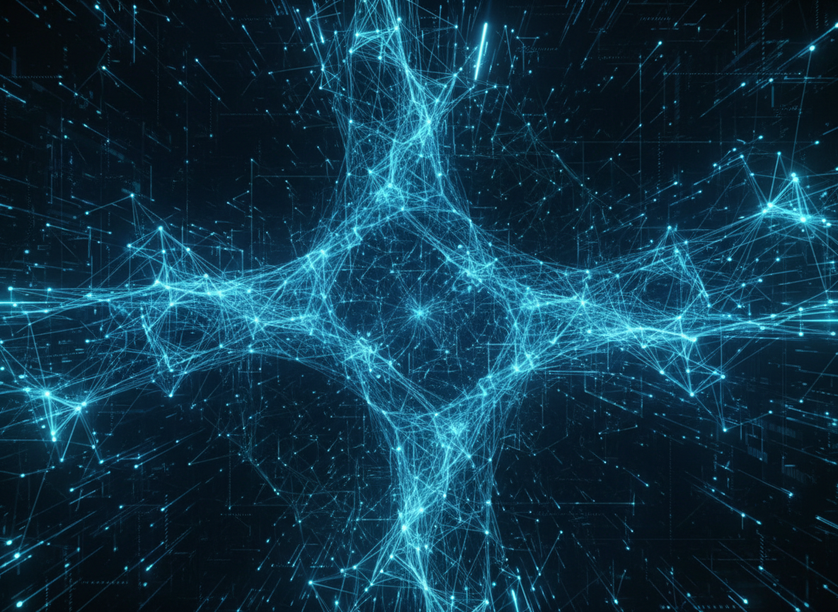 Professional scientific data visualization photograph of glowing neural network spiking activity, abstract blue and teal node connections representing computational neuroscience and spiking neural networks, dark background, high-tech research aesthetic