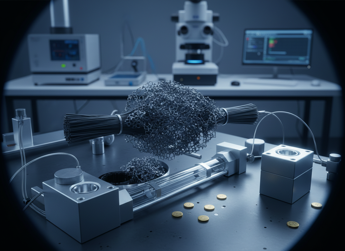 Professional scientific photograph of a carbon-based neural interface electrode under a microscope, graphene and carbon fibre material close-up, laboratory research equipment, cool professional tones, scientific rigor and innovation